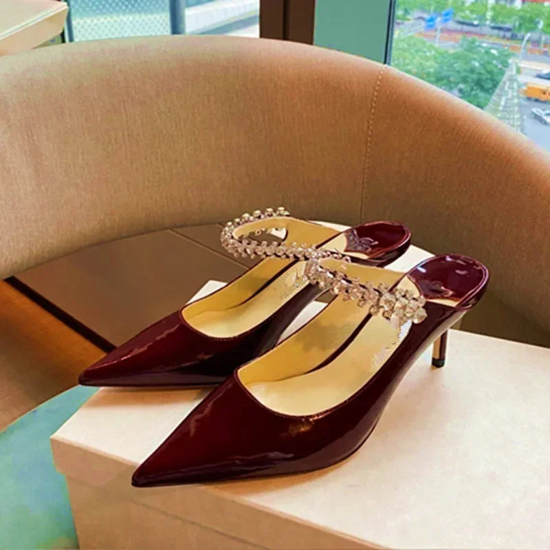 2026 New Fashionable Fine Heeled Muller Shoes with Pointed Water Diamond Chain Banquet Shallow Mouth Women's High Heel Sandals
