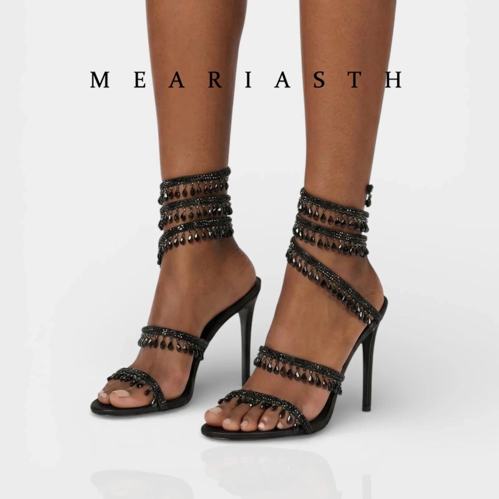 black Women's High Heels Gladiator Sandals Woman Fashion Tassel Crystal Shoes Women Sexy Banquet Party Stiletto Shoes for Women