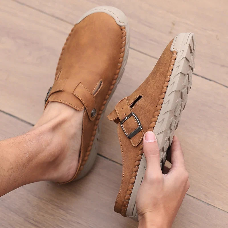 Business and Leisure Men's Mule Leather Loafers Soft Soled Driving Shoes Backless Slippers, Breathable Office Sandals, Plus Size