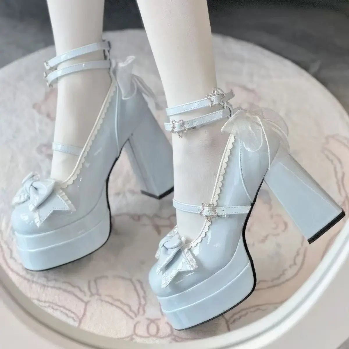 Platform High Heel Women Lolita Pumps Fashion Shallow Butterfly-knot Shoes Ladies Party Dress Cross Strap Mary Jane Shoes