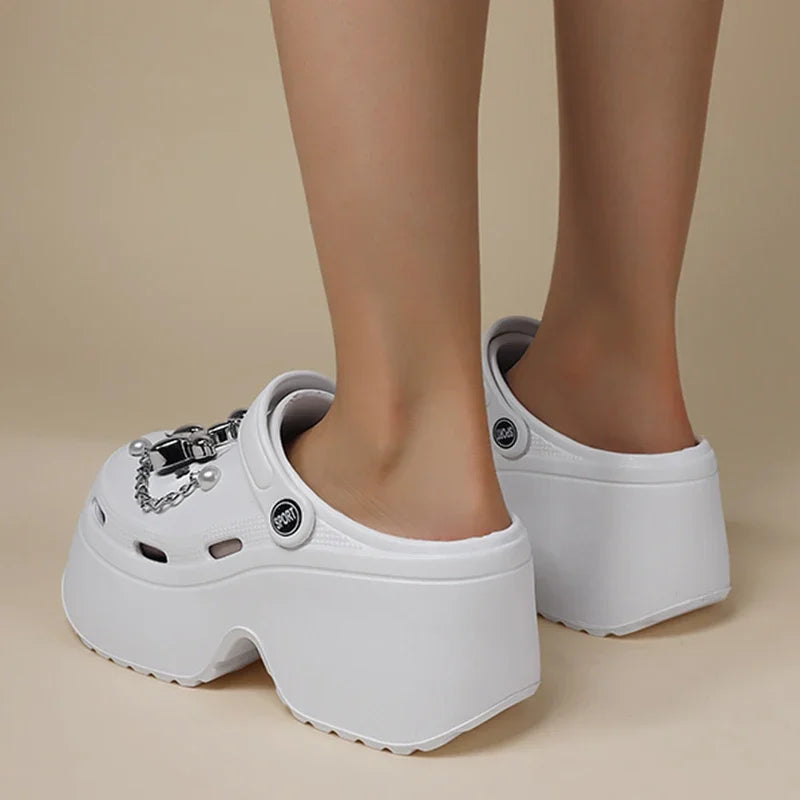 New Women's Silver Platform Clogs Summer 2025 Comfortable Slip on Wedge Sandals Woman Fashion Chain Thick Sole Garden Shoes Lady
