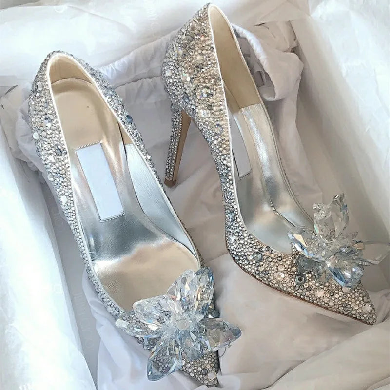 2026 Cinderella Crystal Wedding Shoes High Heels Autumn New Silver Full Diamond Bridal Shoes Rhinestone French Single Shoes