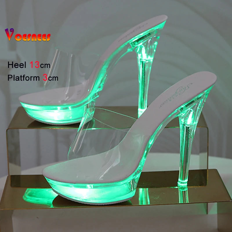 Summer Led Illuminated Women Slippers Super High Heel 13cm Crystal Ankle Buckle Sandals Transparent Platform Female Party Shoes