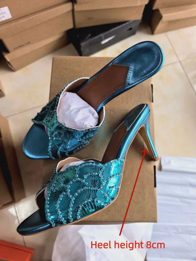 2026 New Gold Pineapple Sexy Rhinestone Fine High Heel Sandals Women's Outdoor Wear Glamorous Lady Executive Plus Size Slippers