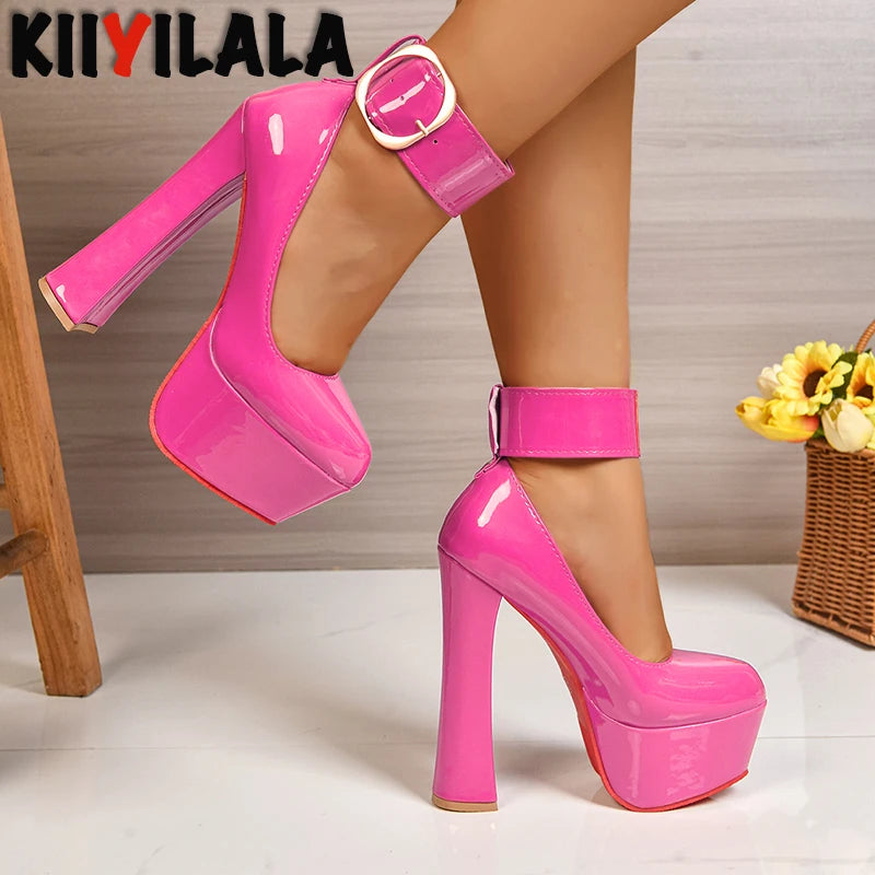 Women Fashion Platform Pumps 5.5cm Height 4cm Wide Gold Belt Buckle Strap Party Shoes 16.5cm Chunky Heels Dance Footwear Size 50