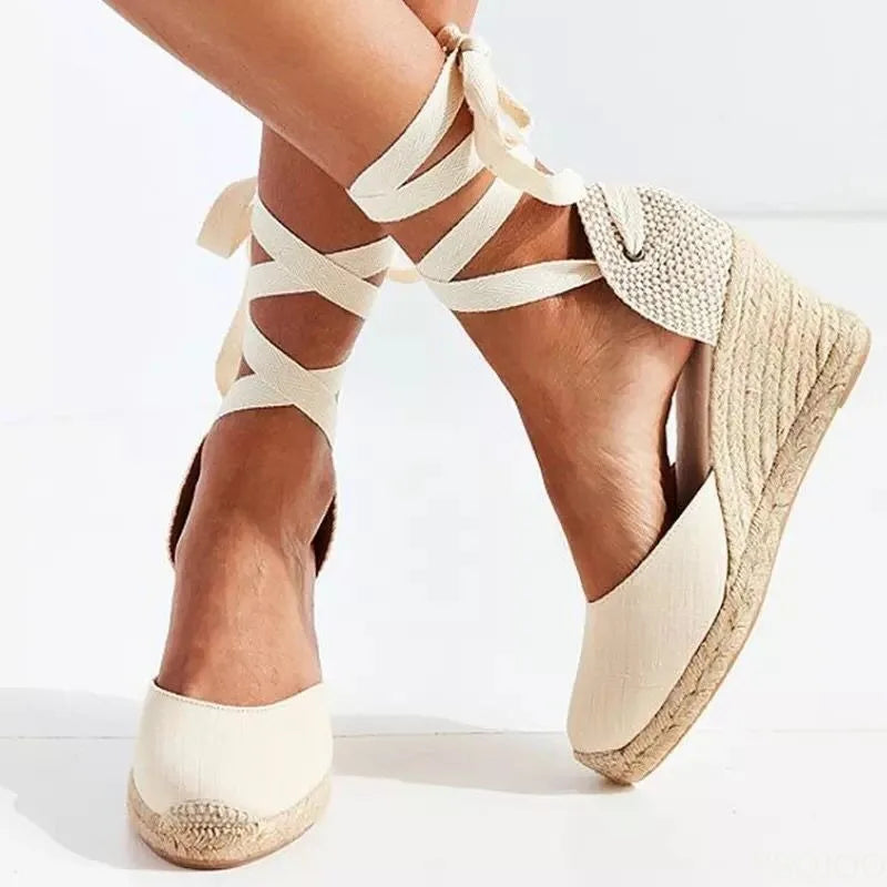 2026 New Large Slope Heel Women's Sandals Thick Bottom Baotou Bag with Foot Ring Strap Cloth Surface Hemp Rope Sandals for Women