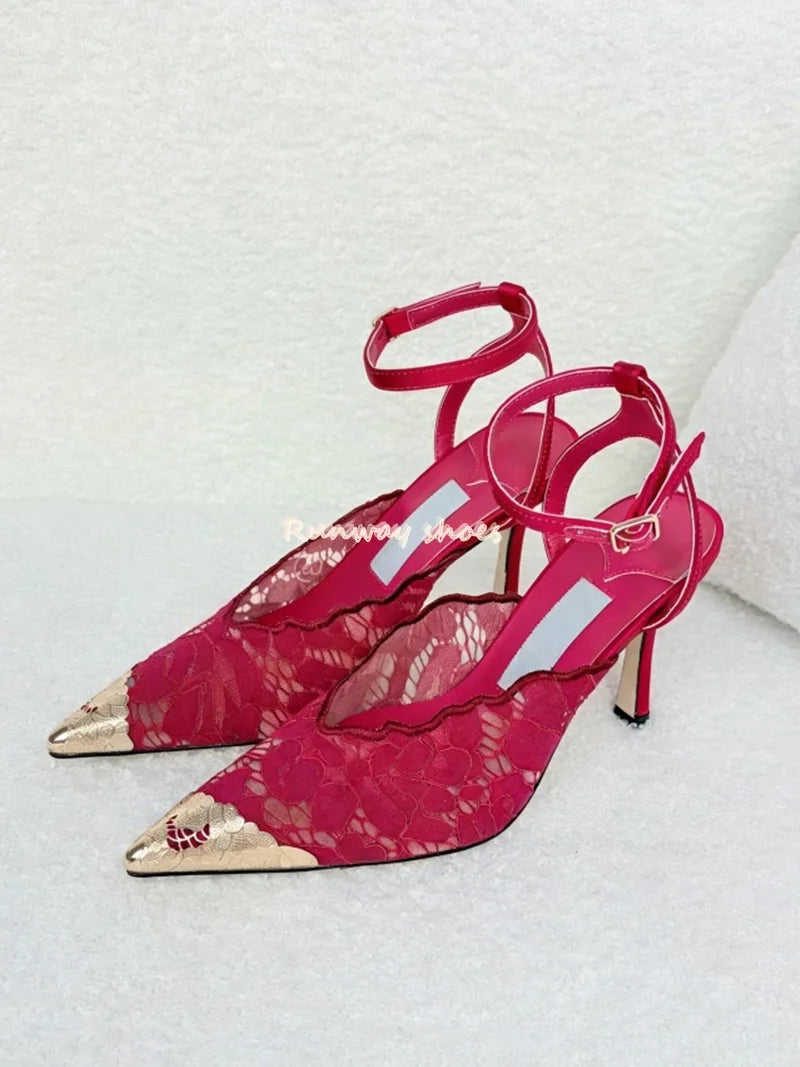 Pointed Color Blocking Lace is Breathable Women's Wedding Shoes Mesh One-strip Stilettos Luxury Women's Shoes Shallow Banquet Sh