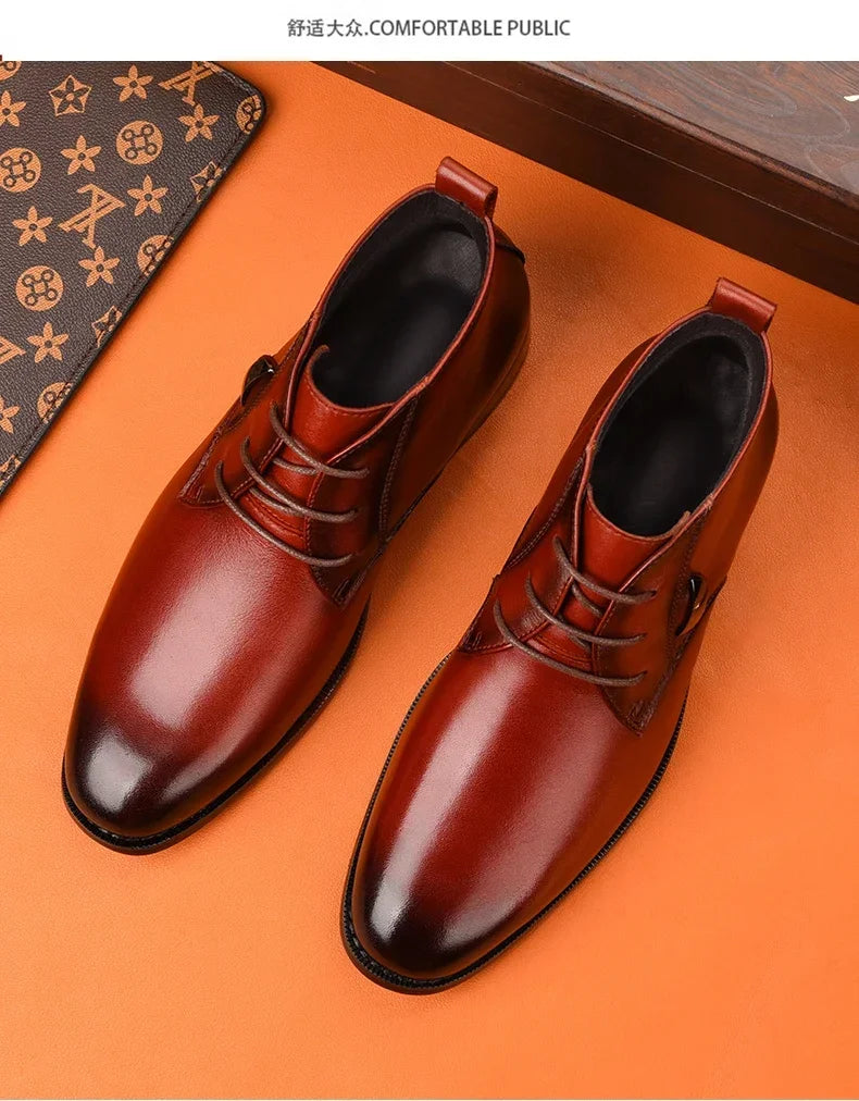 Men Flat/6CM Bussiness Elevator Shoes Genuine Leather Boots Autumn Winter Warm Ankle Boots for Men Botas Hombre Plus Size 37-47