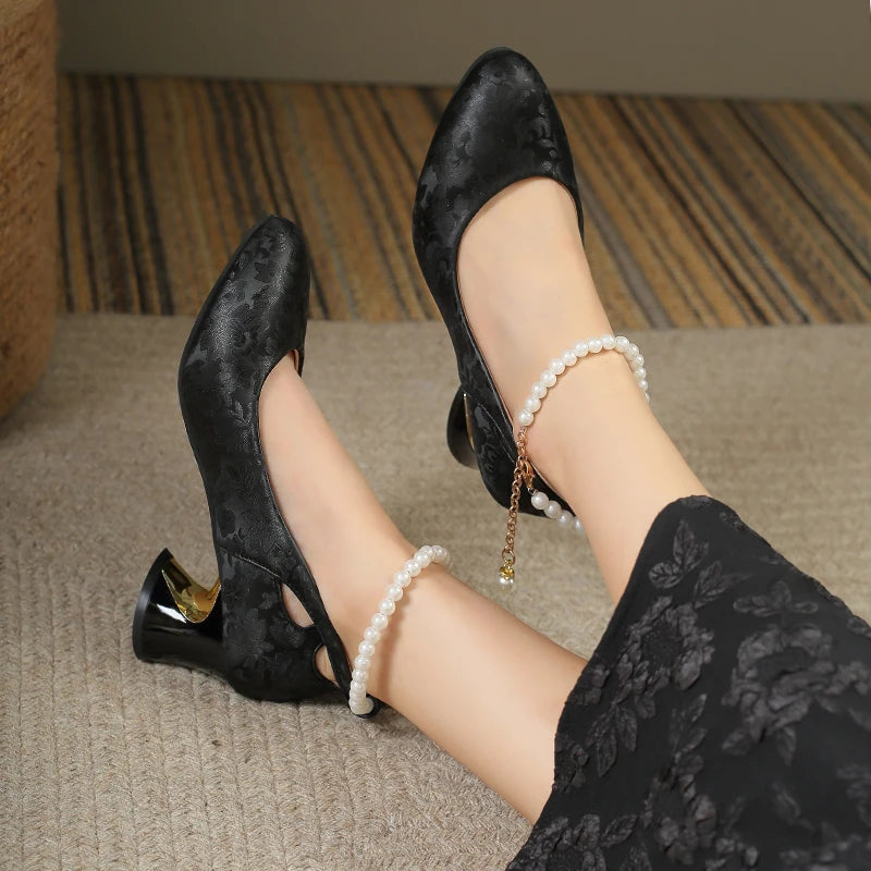 Retro Square Toe High Heels Women's Wedding Shoes New Chinese Style Single Shoes Block Heel Baotou Sandals