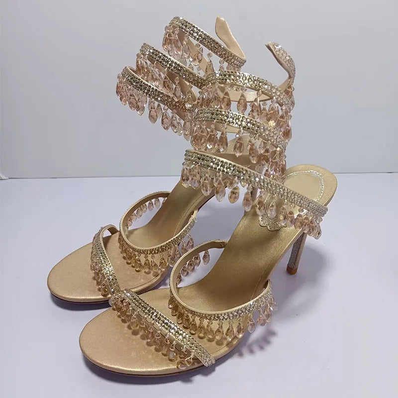 Luxury High Heels Sandals Women Crystal Pendant Snake Twine Around Ankle Strap Wedding Shoes Summer Bohemian Sandals Woman