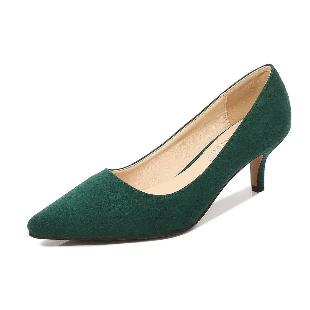 Low Heel Pumps Lady Pointed Toe Kitten Heels Female Green Flock Plus Size spring Red Shoes  Women 5cm High Heels