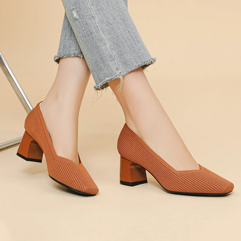 Women's High Heels Comfortable Square Knitted Breathable Comfortable Shoes (5cm High) Autumn 2025 New Collection