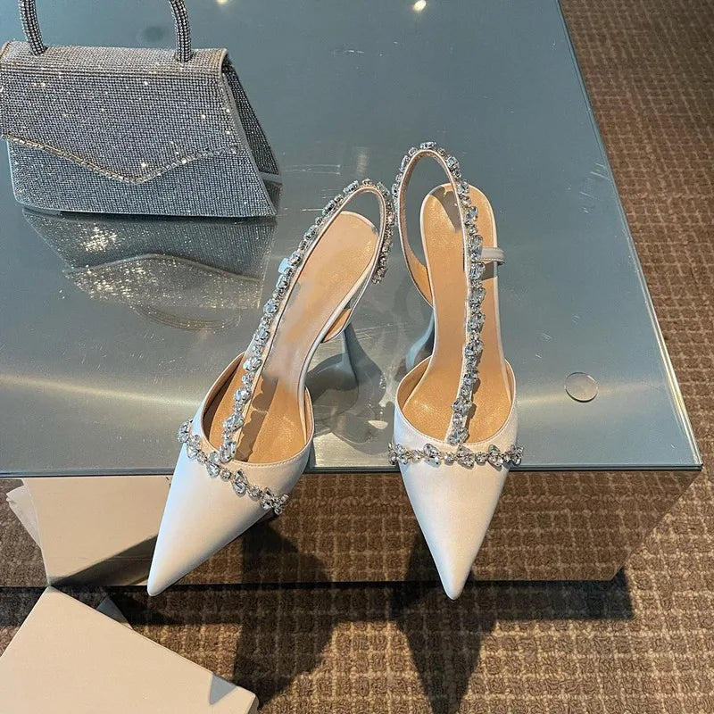 Luxury Women High Heels Ladies Pointed Toe Party Wedding Shoes White Black Stiletto Summer Rhinestone Slingback Sandals Female