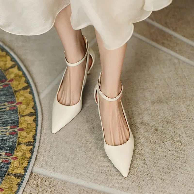 Spring Summer 2024 New Popular Women's Shoes Khaki Pointed Toe Thin Heel Strap High Heels Casual Flats Rubber Material