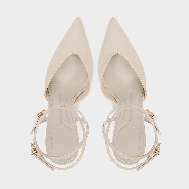 Elegant Pointed Toe Ankle Strap Brand Pumps Women High Quality Patent Leather Buckle Thin Heel Slide Sandals Banquet Dress Shoes