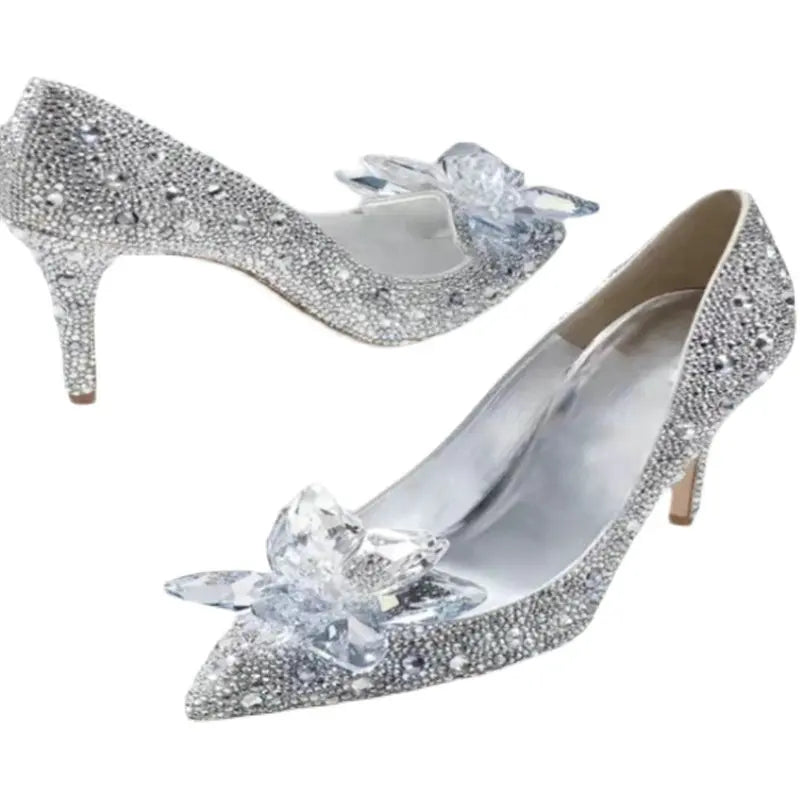 2026 Cinderella Crystal Wedding Shoes High Heels Autumn New Silver Full Diamond Bridal Shoes Rhinestone French Single Shoes