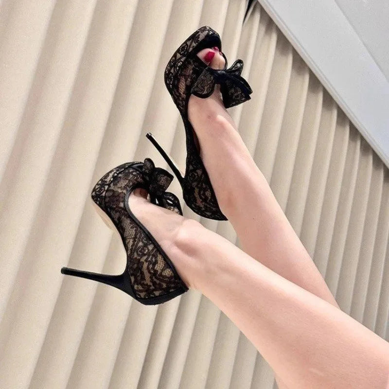 Black Lace Double Bow Peep Toe High Heels Women Sexy Round Toe Platform Stiletto Heel Slip On Party Dress Wedding Shoes