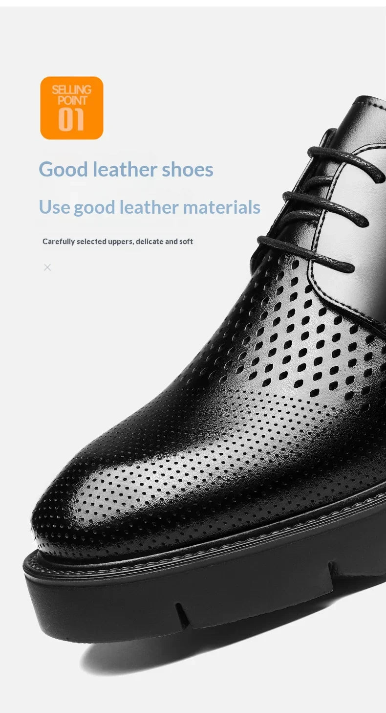 Summer Hollow Out Breathable Men Height Increasing Oxford Shoes 8/10CM Formal Business Dress Wedding Party Elevated Leather Shoe