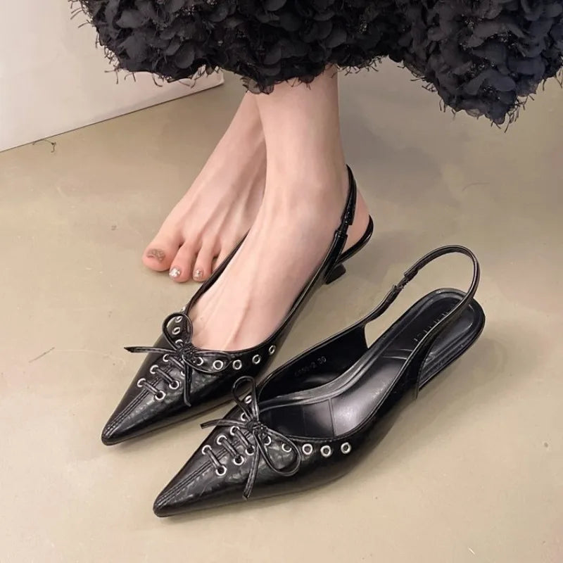 Summer 2025 Pointed Toe Slingbacks Sandals Women Elegant Kitten Heel Dress Shoes Shallow Comfy Bowknot Office High Heels Ladies