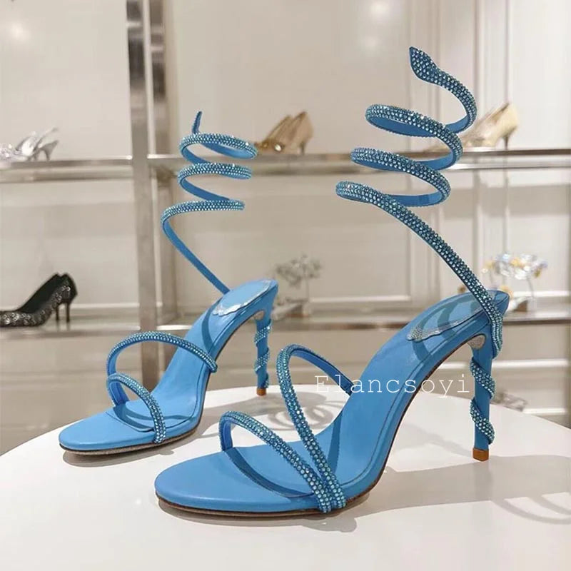 Thin Heels Gladiator Sandals Women's Shiny Rhinestone Ankle Snake Shaped Winding Party Shoes Summer Fashion High Heels Sandalias