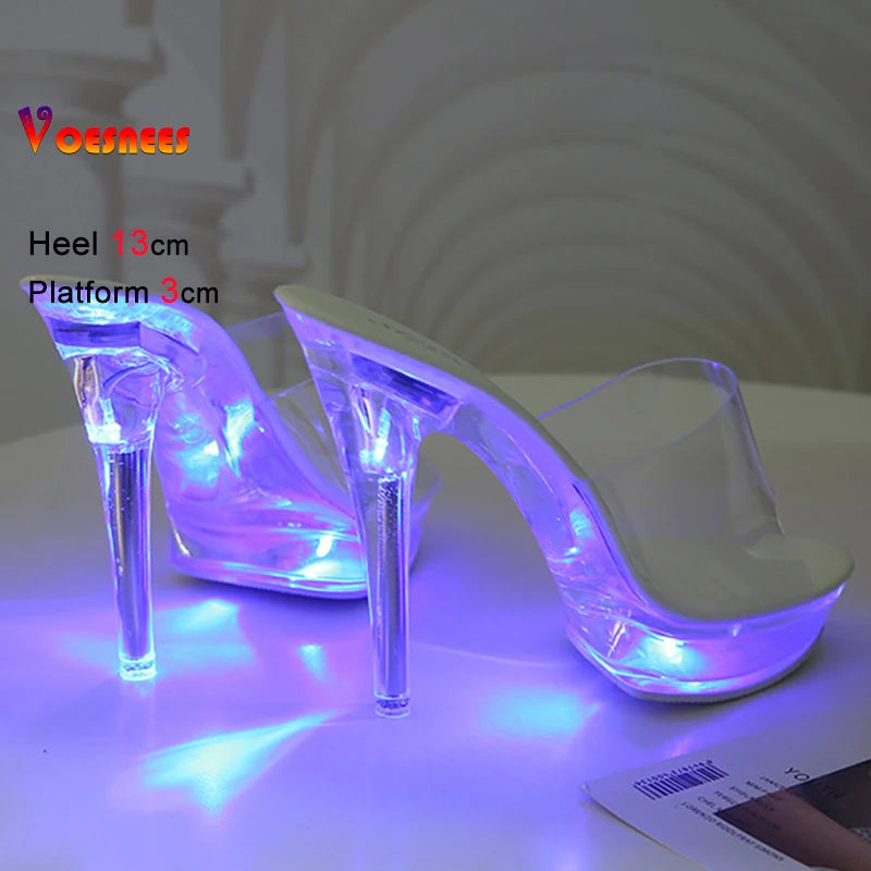 Summer Led Illuminated Women Slippers Super High Heel 13cm Crystal Ankle Buckle Sandals Transparent Platform Female Party Shoes