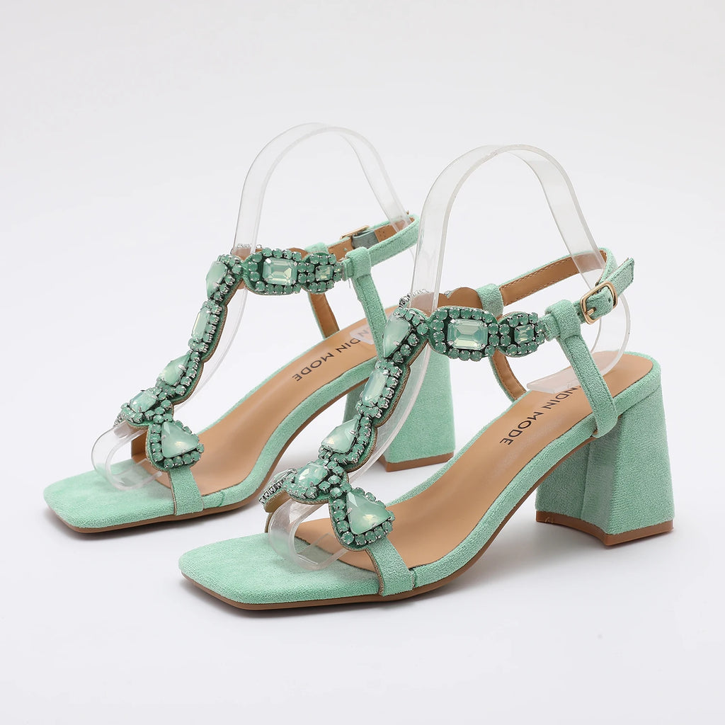 Glamorous Pink/Green Gemstone High Heel Sandals  Women's Elegant Rhinestone Ankle Strap Party Wedding Footwear