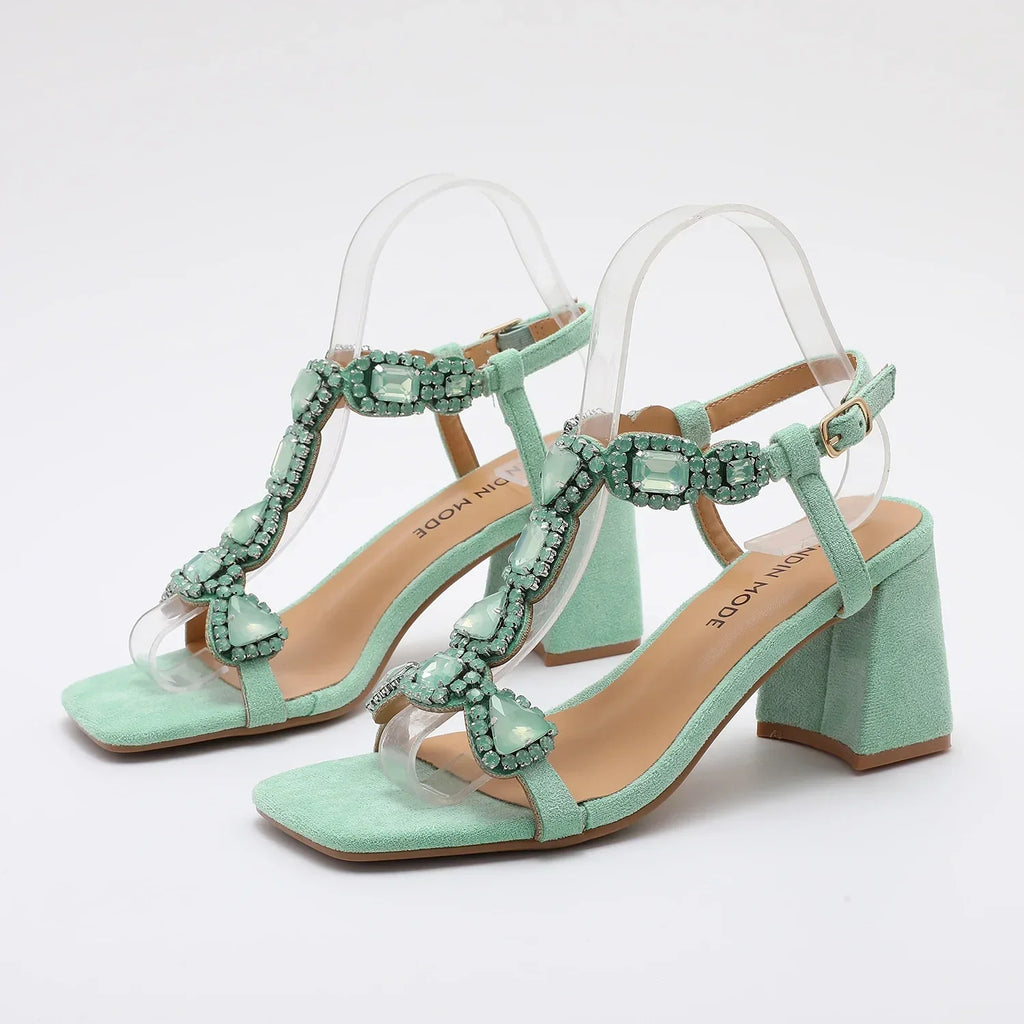 Glamorous Pink/Green Gemstone High Heel Sandals  Women's Elegant Rhinestone Ankle Strap Party Wedding Footwear