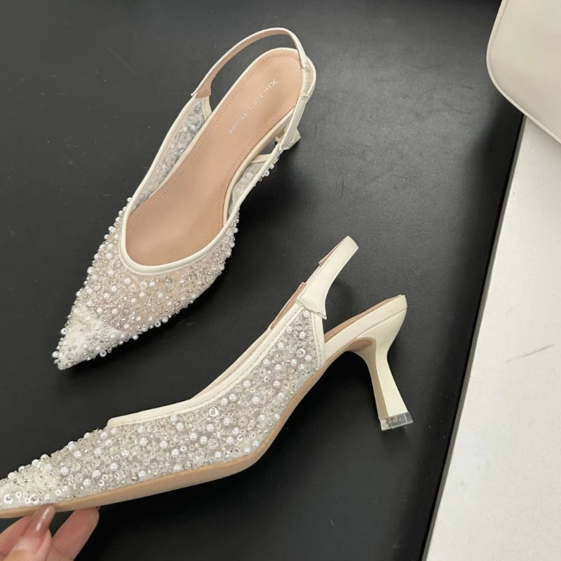 String Beads Mesh Slingback High Heels Women Bling Sexy Sandals Breathable Pointed Toe Pumps Wedding Banquet Party Shoes Femal