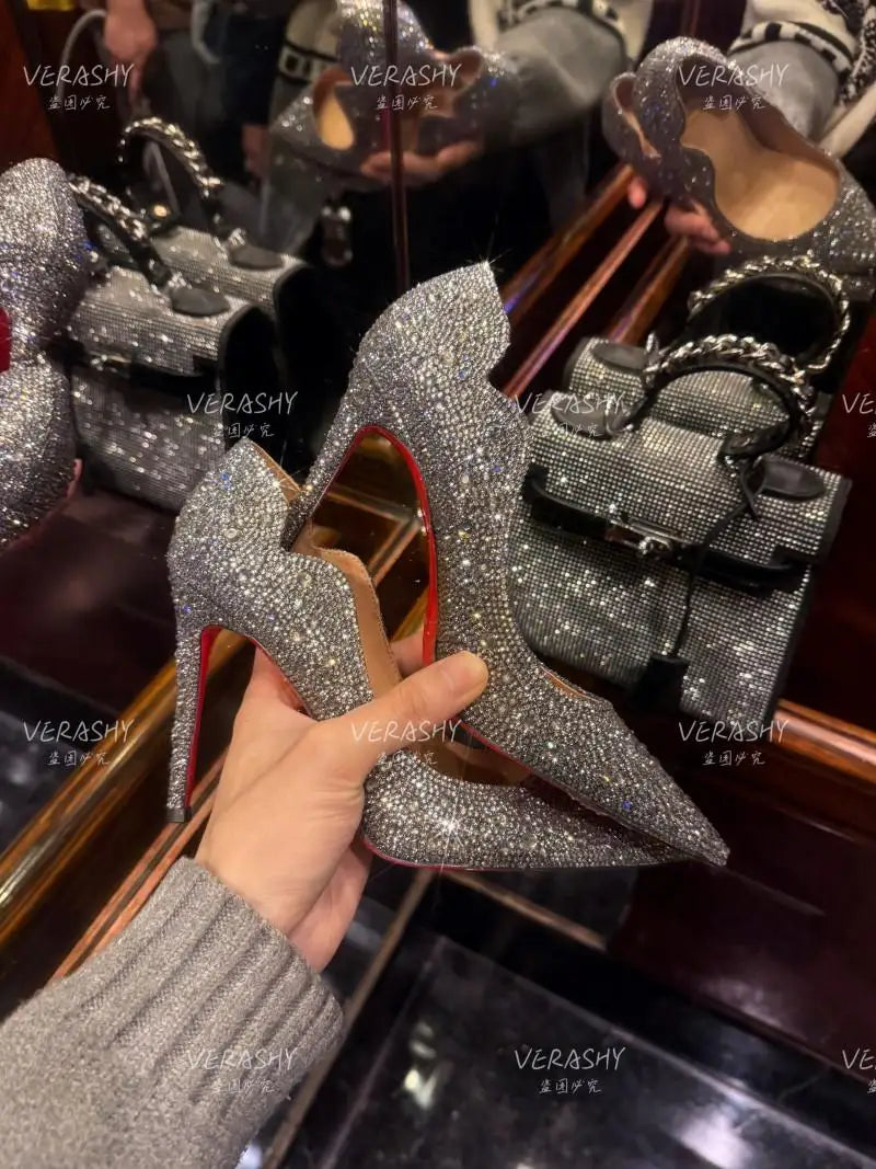 Full Diamond New Gold Fine Heel Pointed Fashion Versatile High Heels Water Diamond Wedding Shoes Women's Bridal Shoes