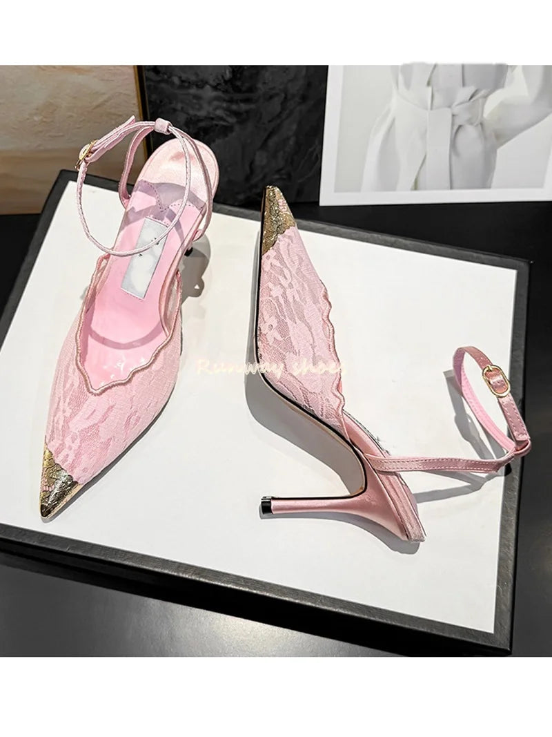 Pointed Color Blocking Lace is Breathable Women's Wedding Shoes Mesh One-strip Stilettos Luxury Women's Shoes Shallow Banquet Sh