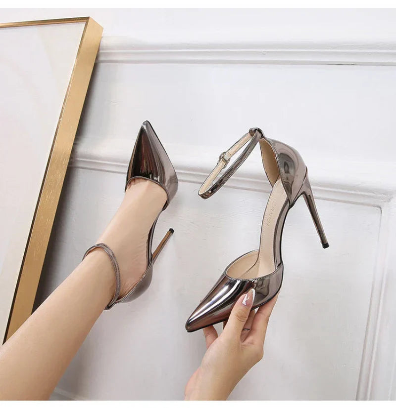 Professional Suit French High Heels One-Liner Strap Pointed Toe Thin Heel Shallow Mouth Hollow Super High Heels Versatile