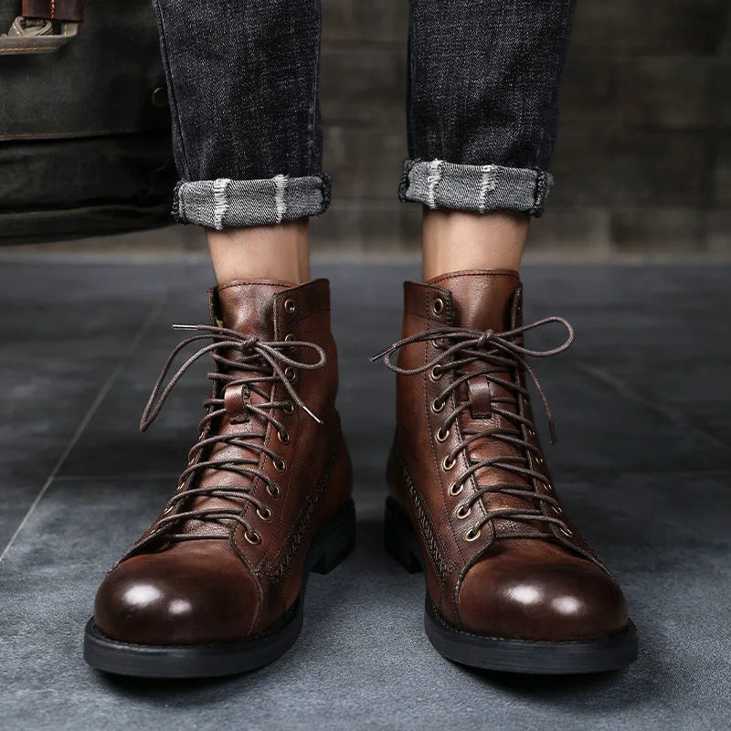 Luxury Men's Boots Handmade Retro Men Ankle Boots High Quality Leather High-top Shoes Fashion British Style Men Motorcycle Boots
