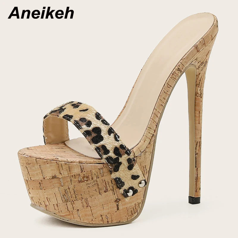 Aneikeh Sexy Leopard Platform Sandals High Heels 2025 Summer Slippers Mules Ladies Fashion Peep Toe Slip On Club Shoes Sliders
