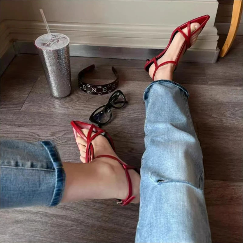 Women Sandal Summer New Fashion Narrow Band Ladies Gladiator Shoes Thin Low Heel Ankle Strap Dress Party Shoes