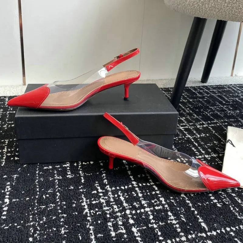 2026 New Pointy Peach Heart Fine Heel Shoes Sexy Pvc Transparent Film Black Patent Leather High Heel Overhead Sandals
