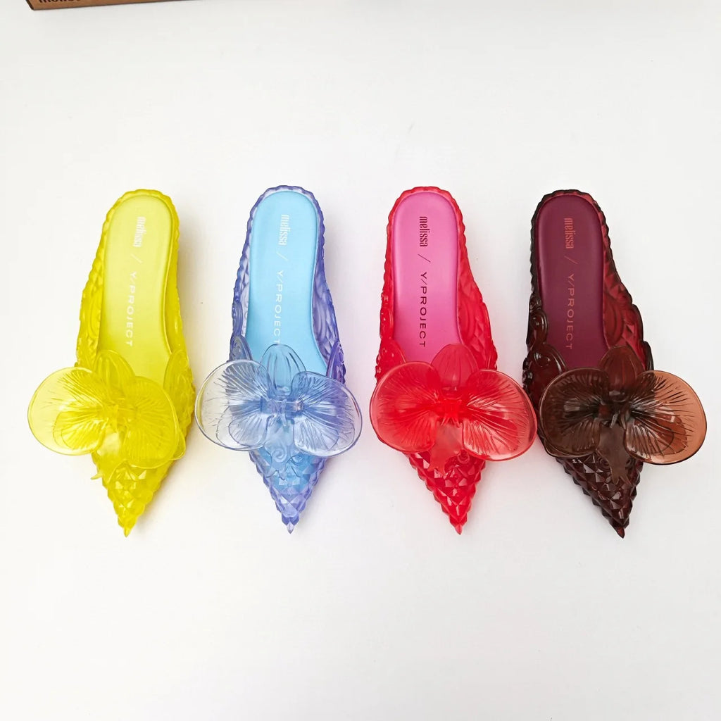 Design Big Butterfly Knot Slides Women Flat Mules Sandals High Quality Cozy PVC Transparent Sandals Pointed Toe Back Strap Shoes
