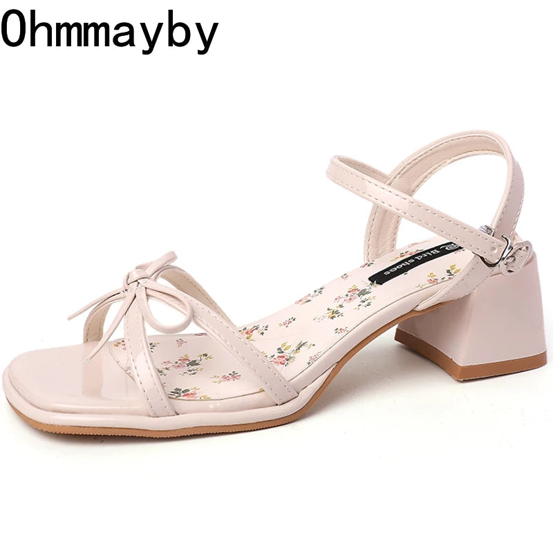 New Summer Butterfly-knot Thick Heel Women Sandals Fashion Floral Ankle Strap Shoes Ladies Outdoor Dress Gladiator Sandalias