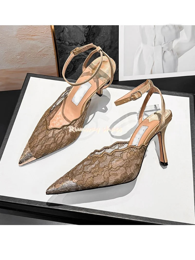 Pointed Color Blocking Lace is Breathable Women's Wedding Shoes Mesh One-strip Stilettos Luxury Women's Shoes Shallow Banquet Sh