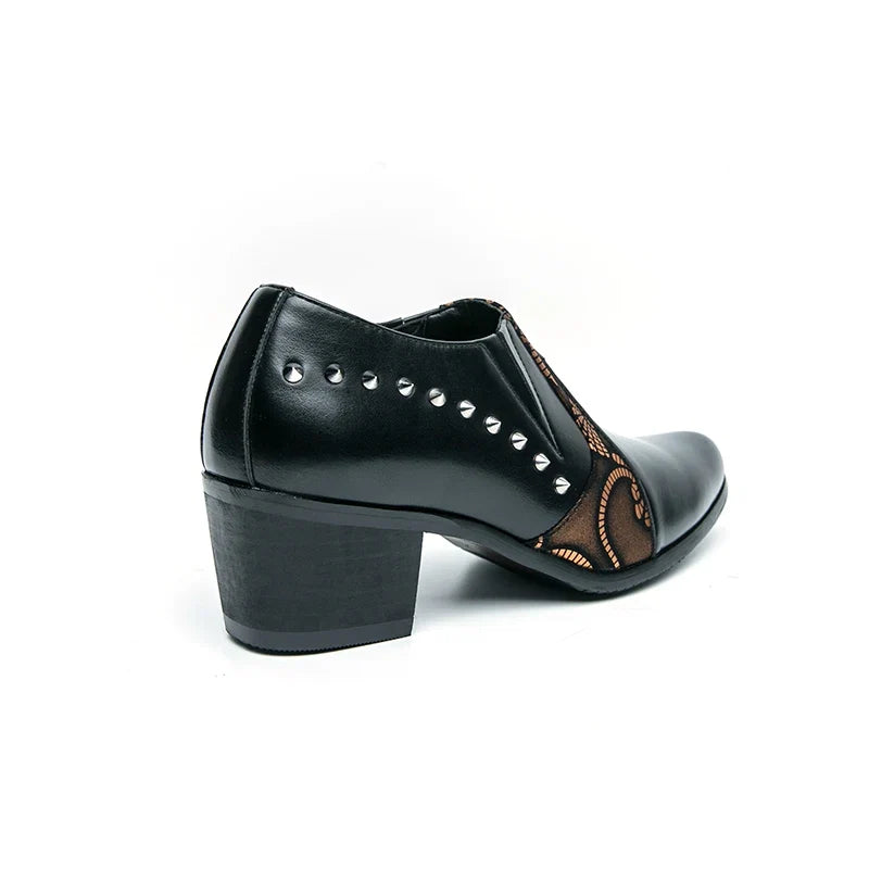 Black Leather Business Dress High Heel Men's Shoes Pointed Toe Slip-on Rivets Elegant Party Wedding Shoes Thick Bottom Plus Size