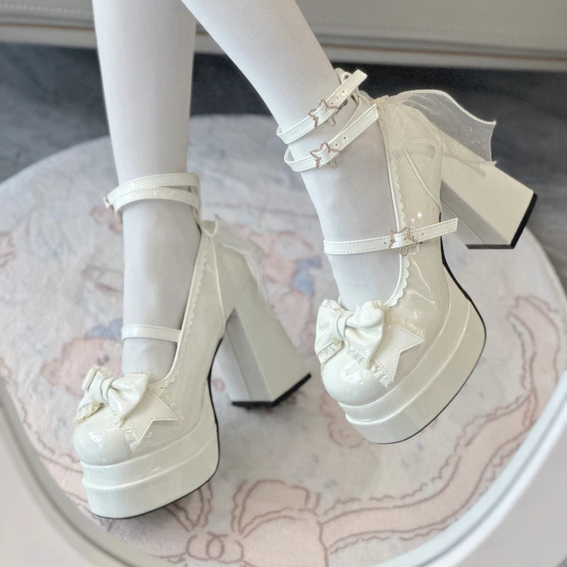 Platform High Heel Women Lolita Shoes Fashion Shallow Butterfly-knot Shoes Ladies Party Dress Cross Strap Pumps Shoes