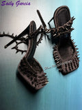 Sexy Suede Spikes Pumps Black Square Toe Shallow Rivet Cross-tied High Heels 2025 Summer New Elegant Party Fashion Women Shoes