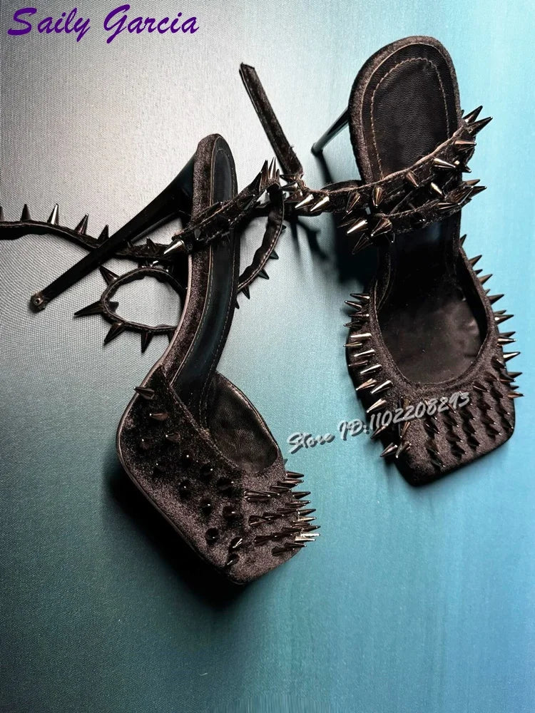 Sexy Suede Spikes Pumps Black Square Toe Shallow Rivet Cross-tied High Heels 2025 Summer New Elegant Party Fashion Women Shoes