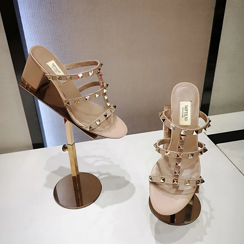 Luxury Women's Shoes Gladiator Shoes Woman 2026 Trend for Women's Sandals Summer Slippers Chunky Heel Leather Rivets High Heels