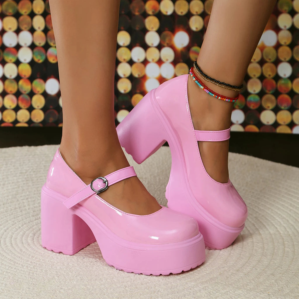 Black Super High Heels Mary Jane Shoes Women 2026 Goth Chunky Platform Pumps Woman Plus Size Ankle Buckle Party Lolita Shoes 42