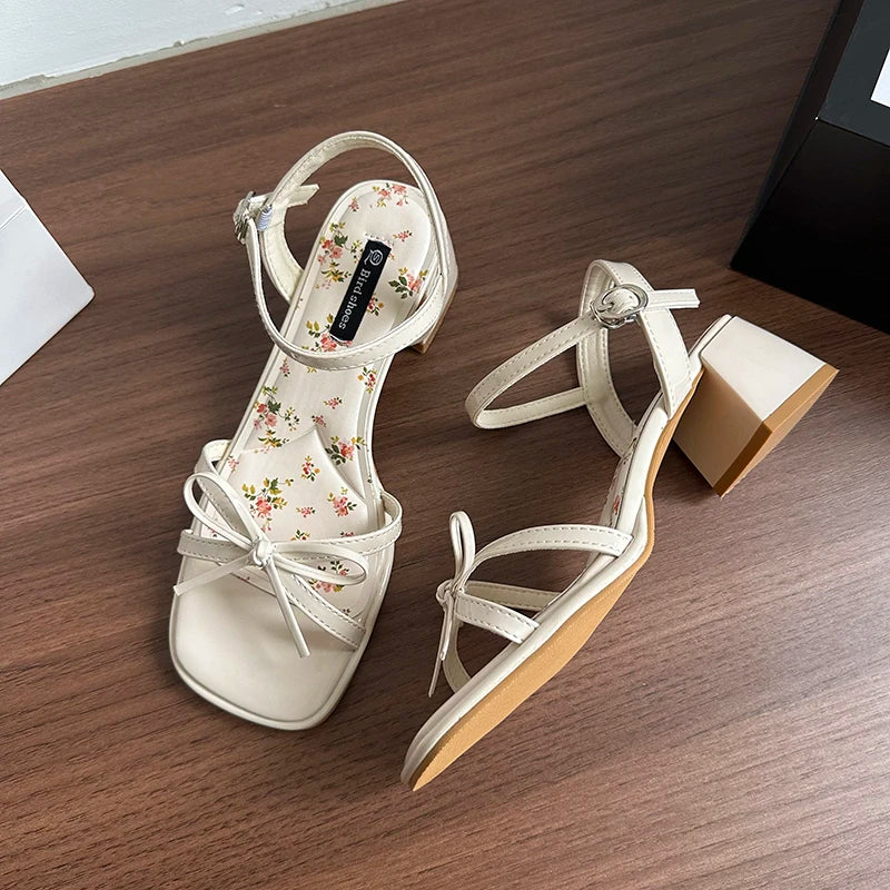 New Summer Butterfly-knot Thick Heel Women Sandals Fashion Floral Ankle Strap Shoes Ladies Outdoor Dress Gladiator Sandalias