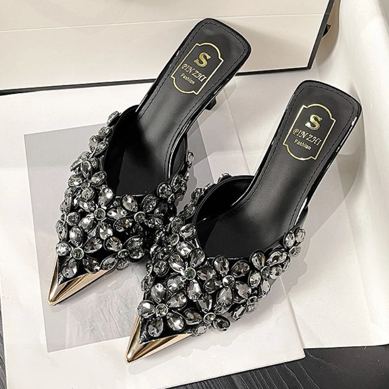 Luxury Rhinestones Pointed Toe Mules Pumps Women Slippers Summer New Fashion Slides Designer High Heeled Sandals Female Tacones