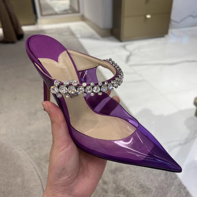 2025 Summer New Pointed High Heels Women's Muller Shoes Transparent Water Diamond Sexy Fashion Thin Heel Women's Sandals