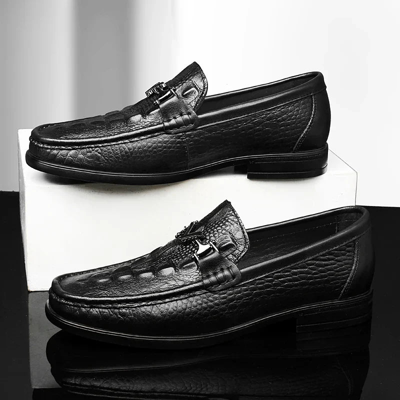 High Quality Round Toe Breathable Loafers Fashionable Brand Men's Comfortable Crocodile Patterned Casual Cowhide and Bean Shoes