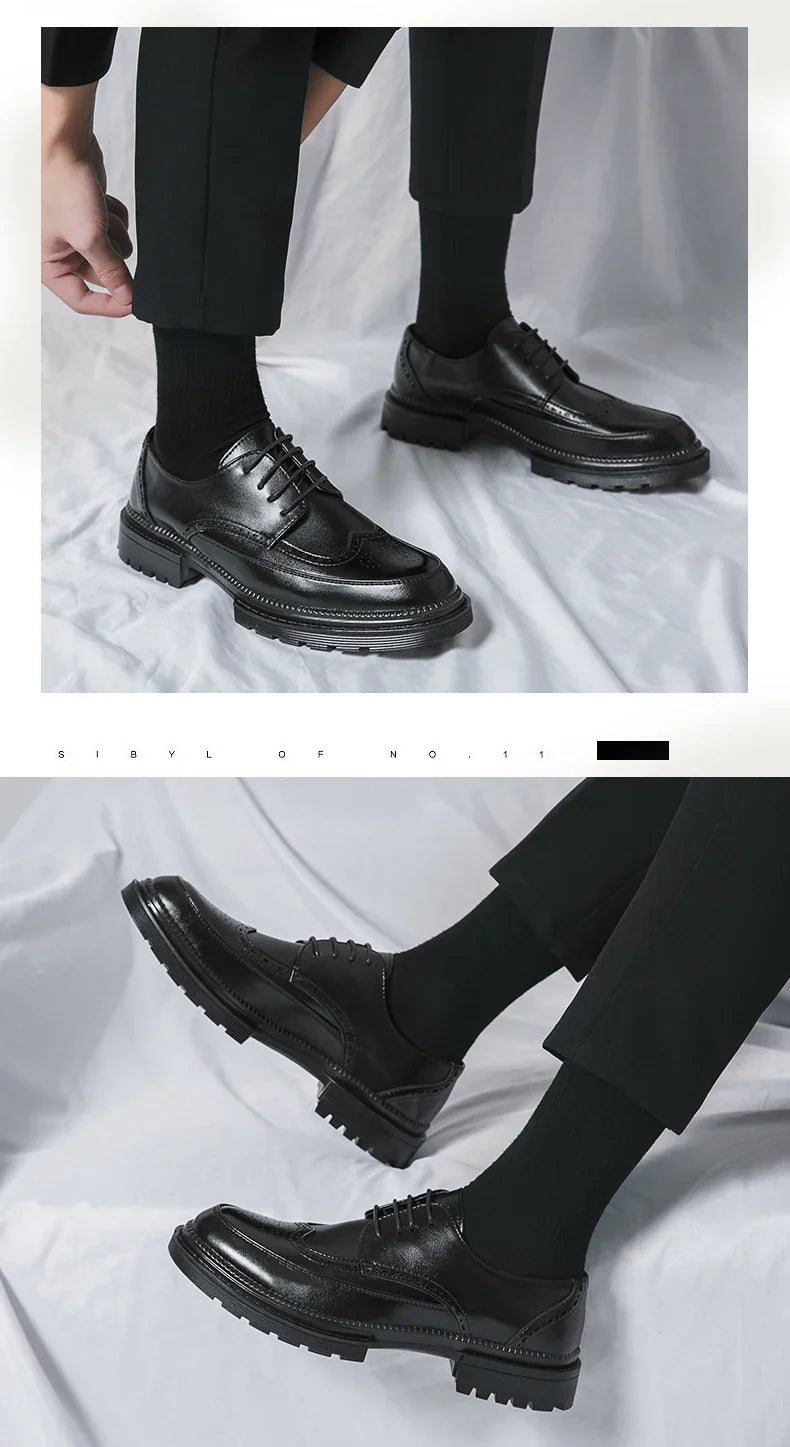 New leather shoes for young men British Brock formal business increase casual black wedding groom lace-up men's shoes