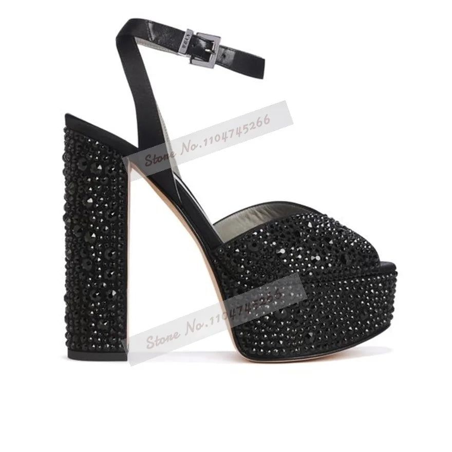 Champagne Crystal Chunky Heel Sandals Bling Rhinestone Platform Wedding Shoes Velvet Open Toe Buckle Strap Block Heels